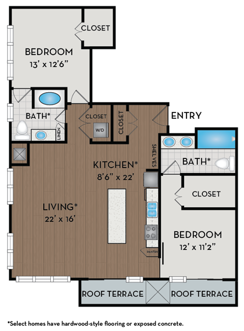 Floor plan for 2 beds, 2 baths